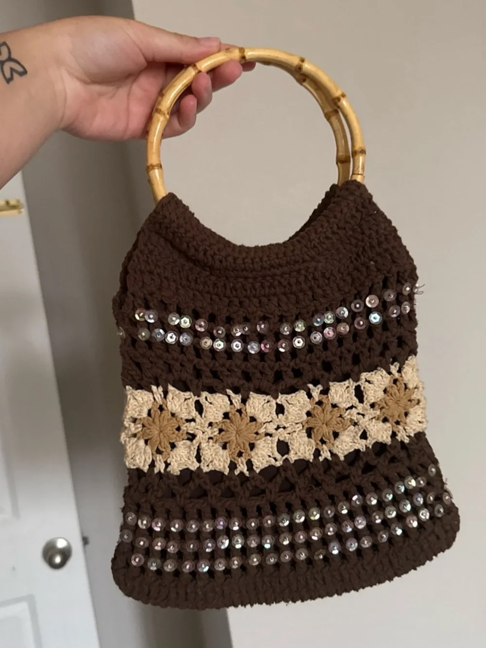 Lilu Brown Crochet Bag with Bamboo Handles and Cream Flower Accents
